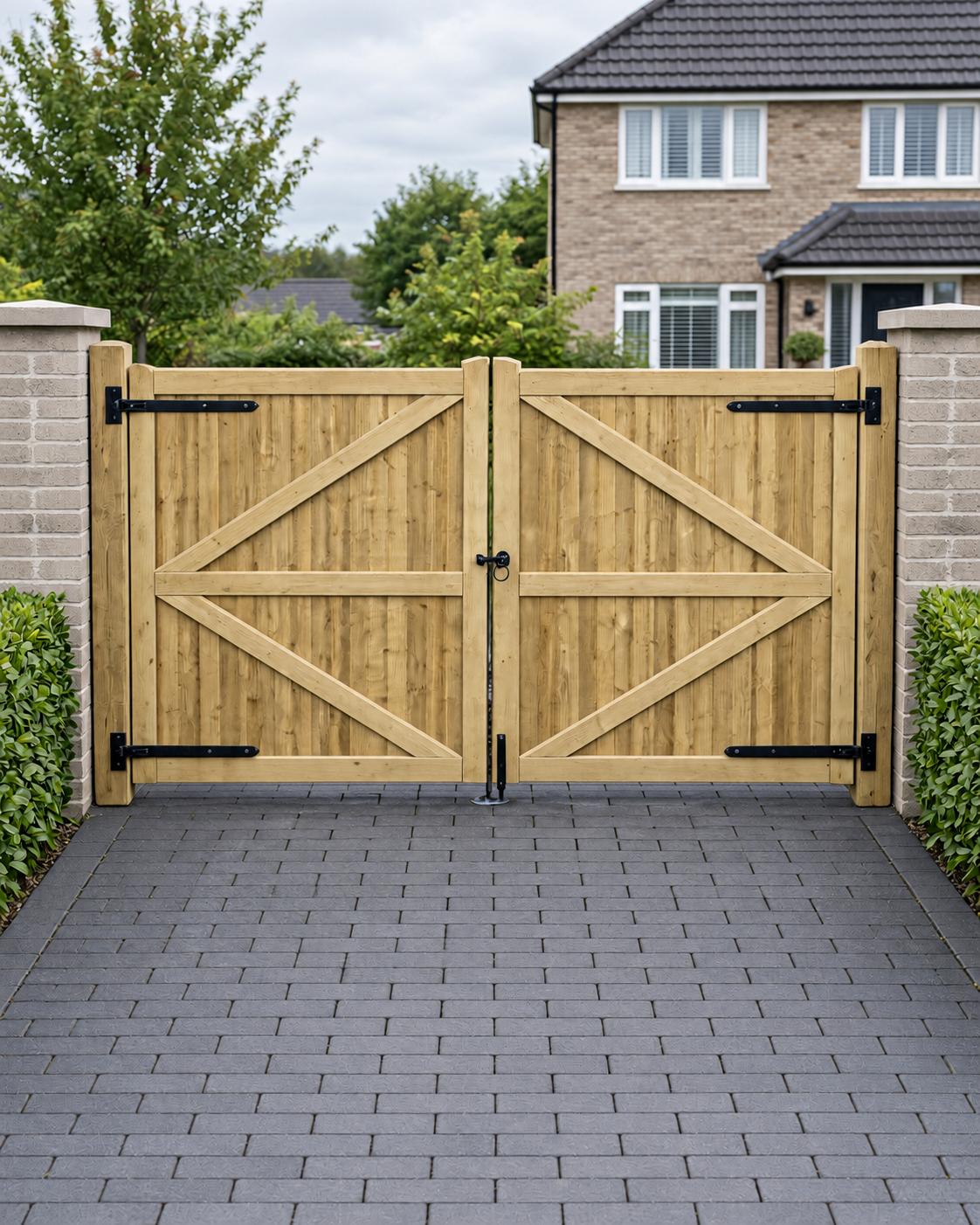Rear of featheredge double driveway gates showing the braced frames
