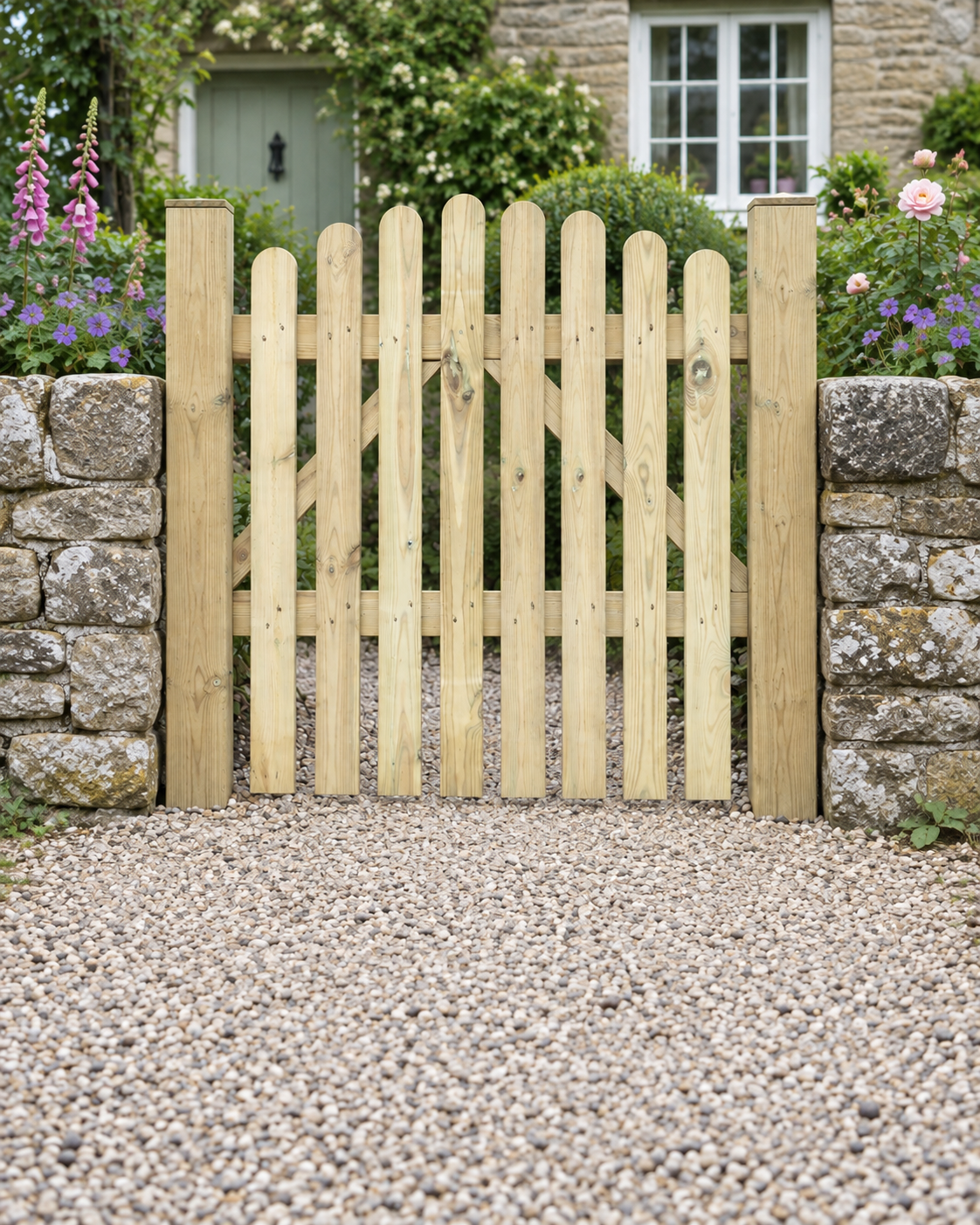 A light natural wood picket gate centered in a stone wall entrance, with gravel in the foreground and a garden house and plants in the background.