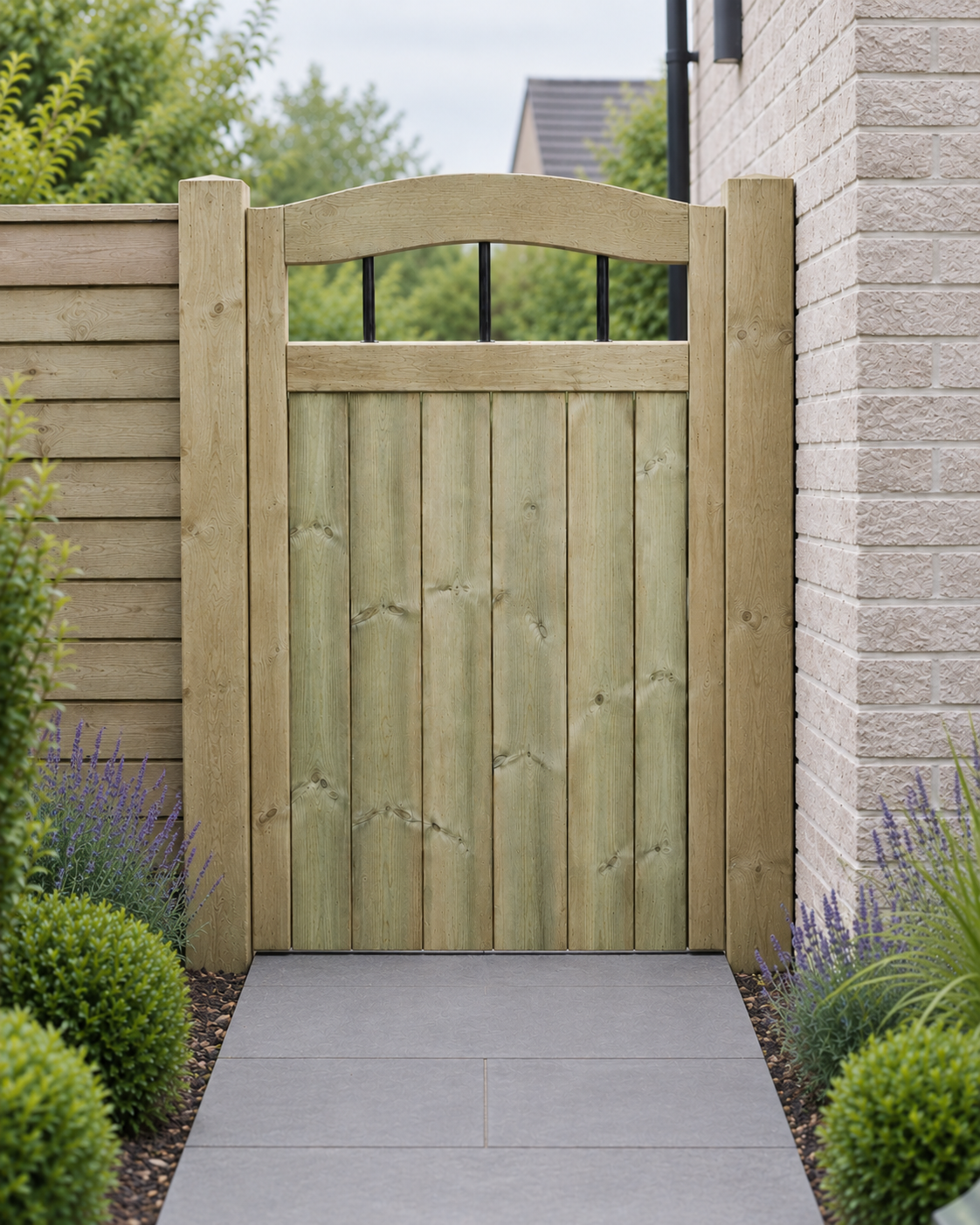Tongue and groove dome top garden gate with a black bar section above solid boarding